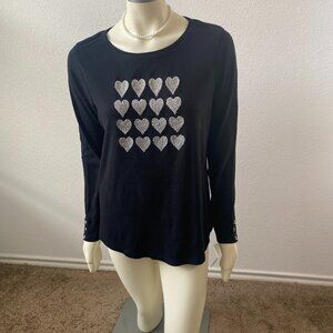 Charter Club Women Black Whimsy fashion Embroidered hearts Blouse Top  $59 Sz L